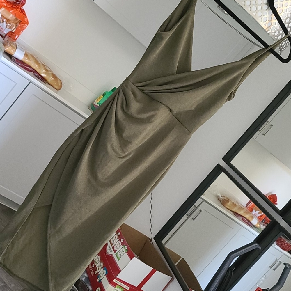 Sexy olive dress w/ruching + draping